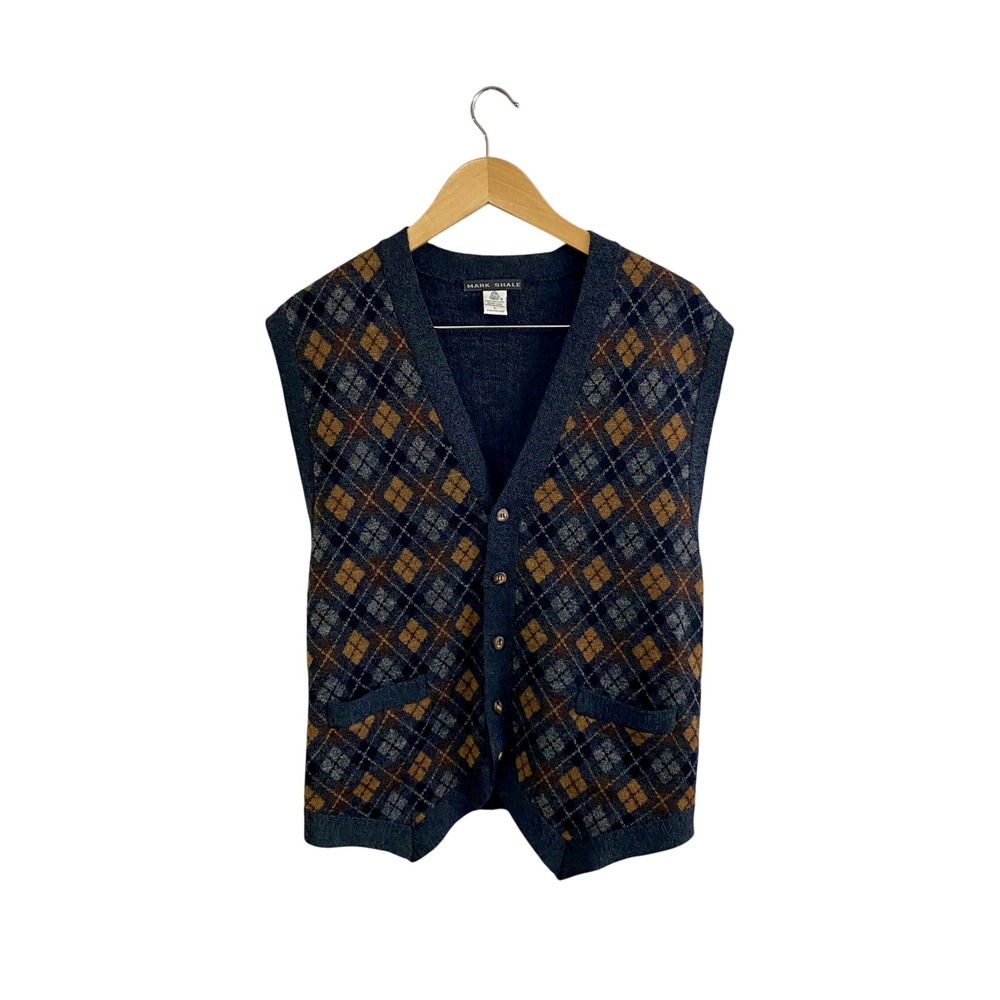 Vintage Mark Shale Merino Wool Argyle Sweater Vest L Grandpa Preppy Old Money